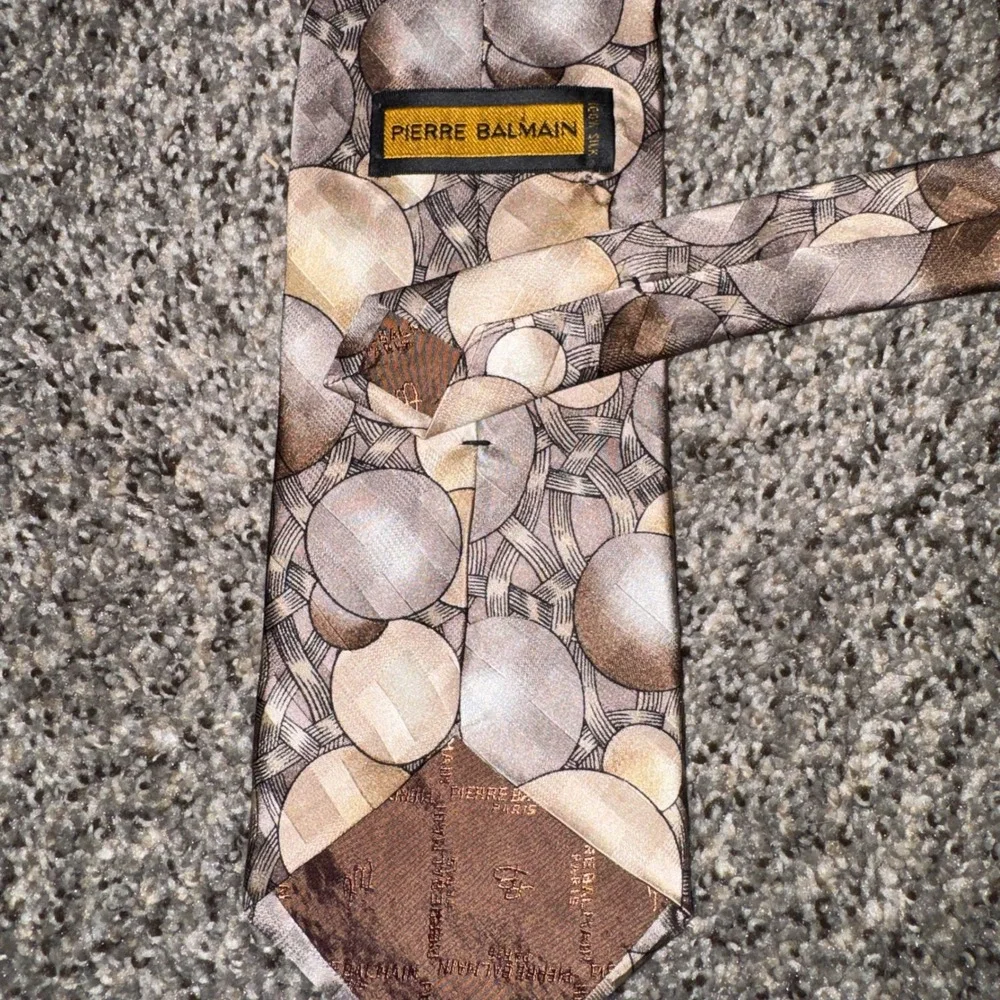 Pierre Balmain Paris Silk Tie Brown Tan Geometric Circles Wide Necktie 57x4